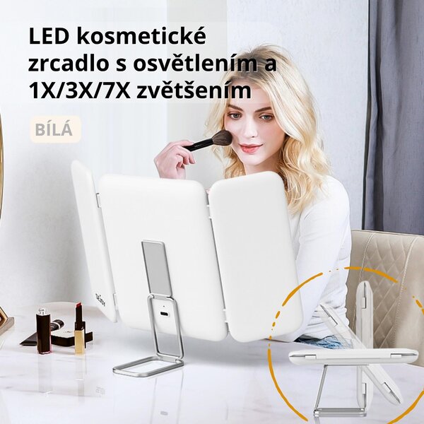 LED kosmetické zrcadlo s osvětlením a 1X/3X/7X zvětšením – dotykové ovládání, skládací trojkřídlé zrcadlo – stolní i cestovní – bílá