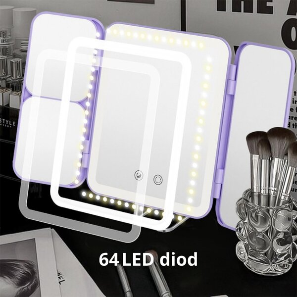 LED kosmetické zrcadlo s osvětlením a 1X/3X/7X zvětšením – dotykové ovládání, skládací trojkřídlé zrcadlo – stolní i cestovní – bílá