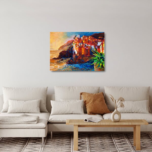 Skleněný obraz - Vesnice na pobřeží Cinque Terre, Italská riviéra, moderní impresionismus (70x50 cm)
