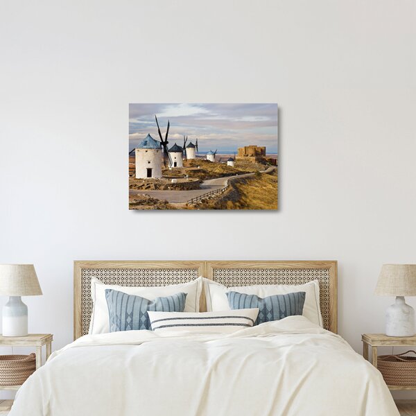 Skleněný obraz - Větrné mlýny Consuegra, Španělsko (70x50 cm)