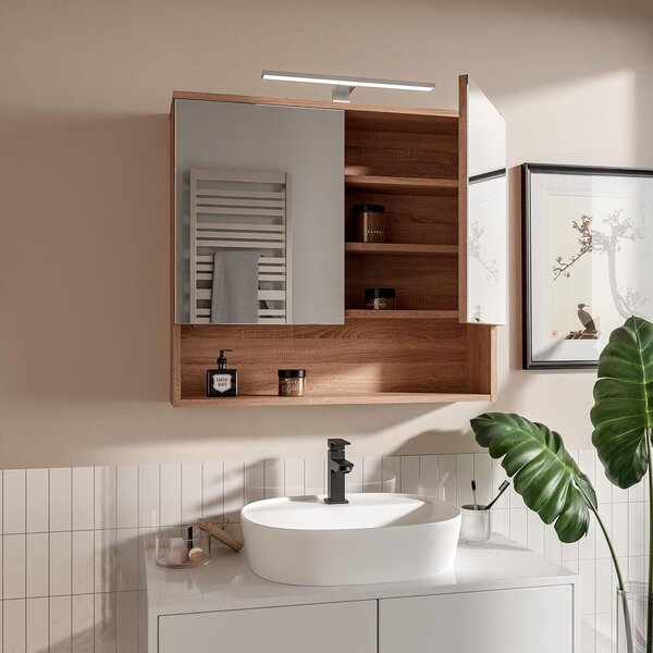 HAJDUK FURNITURE Zrcadlová Koupelnová Skříňka Dub Sonoma 78x70 cm s LED Osvětlením IP44 4000K 2 Dveře Polička Bezúchytkové Otevírání