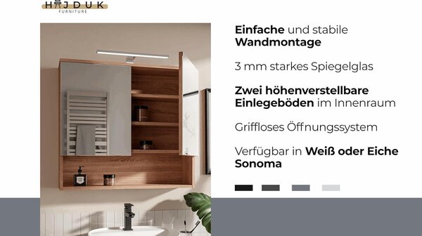 HAJDUK FURNITURE Zrcadlová Koupelnová Skříňka Dub Sonoma 78x70 cm s LED Osvětlením IP44 4000K 2 Dveře Polička Bezúchytkové Otevírání