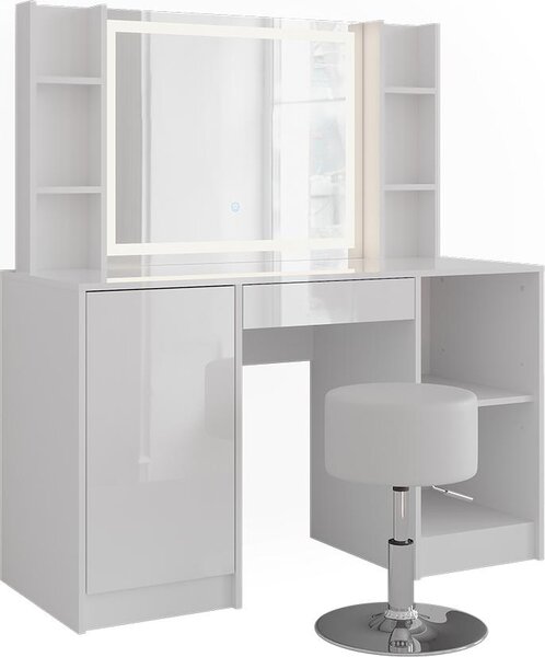 Toaletní stolek Vicco Sherry Bílá/bílý vysoký lesk 128.2 cm s LED zrcadlem a stoličkou, Model 57626