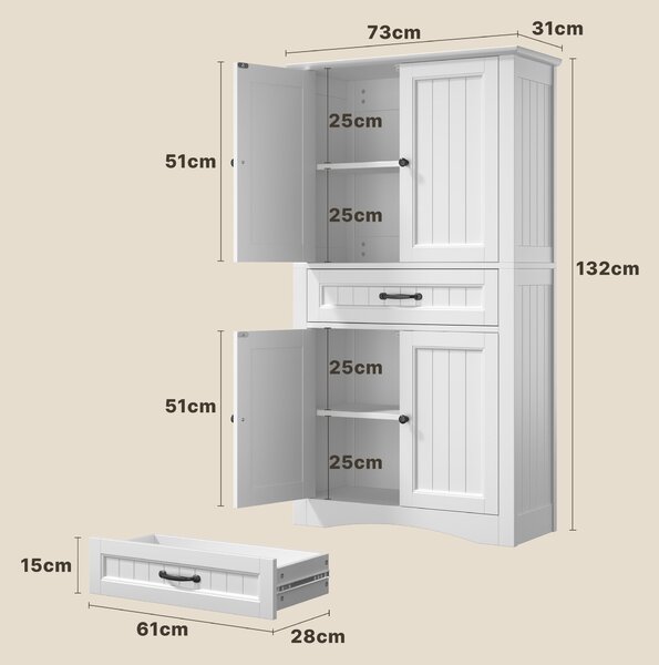 Skříňka do koupelny BEALIFE, rozměry 73x130x31 cm, se 4 dvířky a 1 zásuvkou | Vysoká skříňka do koupelny | Bílá | AP68