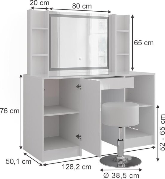 Toaletní stolek Vicco Sherry Bílá/bílý vysoký lesk 128.2 cm s LED zrcadlem a stoličkou, Model 57626