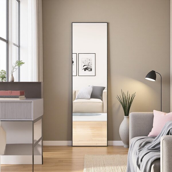 Obdélníkové kosmetické zrcadlo z tvrzeného skla, černý hliníkový rám, 1400x400 mm, elegantní moderní design do ložnice nebo koupelny