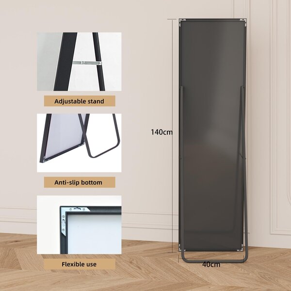 Obdélníkové kosmetické zrcadlo z tvrzeného skla, černý hliníkový rám, 1400x400 mm, elegantní moderní design do ložnice nebo koupelny