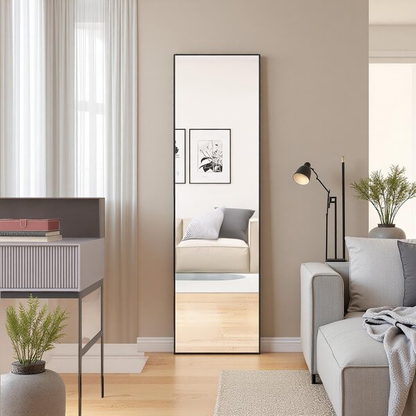 Obdélníkové kosmetické zrcadlo z tvrzeného skla, černý hliníkový rám, 1400x400 mm, elegantní moderní design do ložnice nebo koupelny