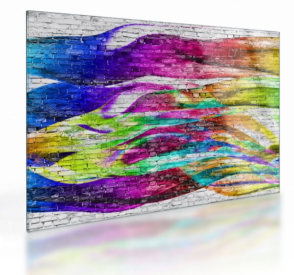 Skleněný obraz - Cihlová zeď s barevnými plameny (70x50 cm)