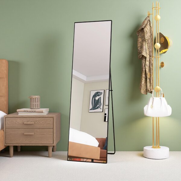 Obdélníkové kosmetické zrcadlo z tvrzeného skla, černý hliníkový rám, 1400x400 mm, elegantní moderní design do ložnice nebo koupelny