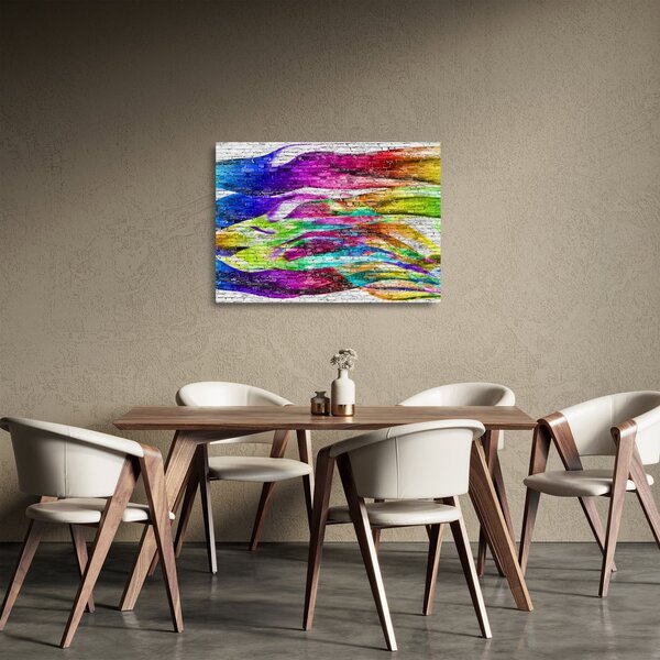 Skleněný obraz - Cihlová zeď s barevnými plameny (70x50 cm)
