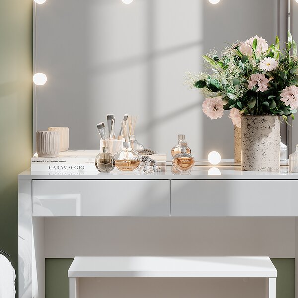 Toaletní stolek Vicco Annabelle Bílá vysoký lesk/bílá 110 cm s osvětlením LED a lavičkou, Model 55046