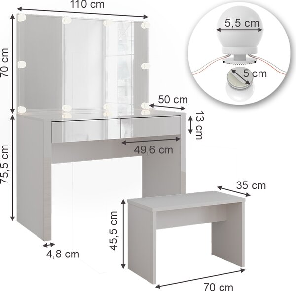 Toaletní stolek Vicco Annabelle Bílá vysoký lesk/bílá 110 cm s osvětlením LED a lavičkou, Model 55046