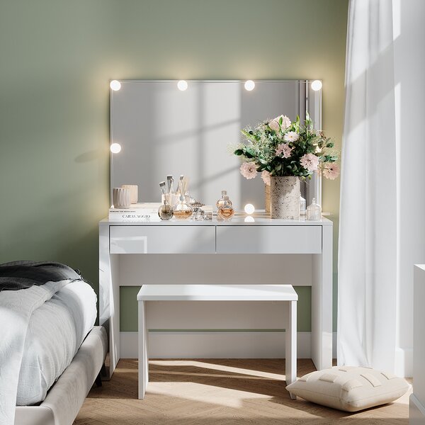 Toaletní stolek Vicco Annabelle Bílá vysoký lesk/bílá 110 cm s osvětlením LED a lavičkou, Model 55046