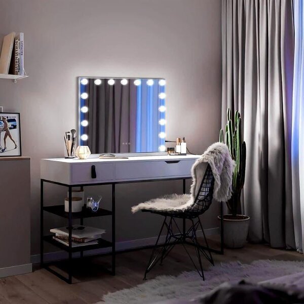 Zrcadlo UNIQ XL Hollywood s 15 LED diodami a dotykovým ovládáním – kosmetické zrcadlo Uniq Vanity s osvětlením, bílé, 58 x 46 cm
