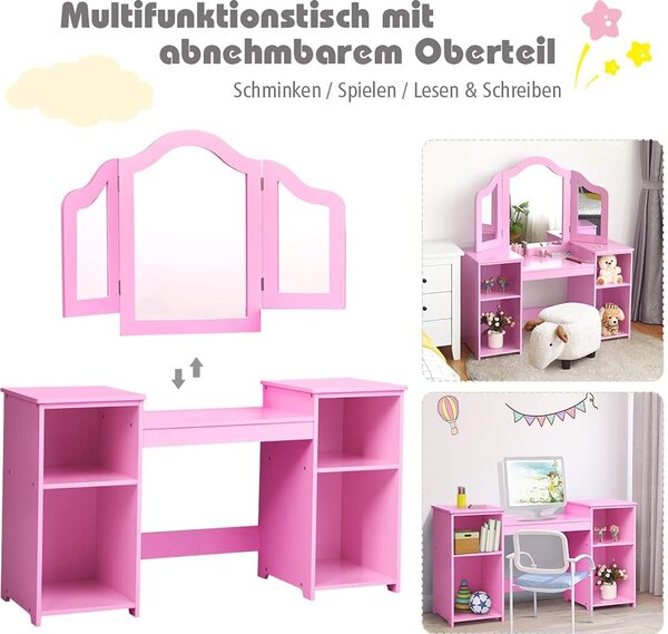 COSTWAY Dětský toaletní stolek 2 v 1 s odnímatelným zrcadlem, dívčí toaletní stolek s otevřenými přihrádkami, dřevěný toaletní stolek, toaletní stolek (růžový)