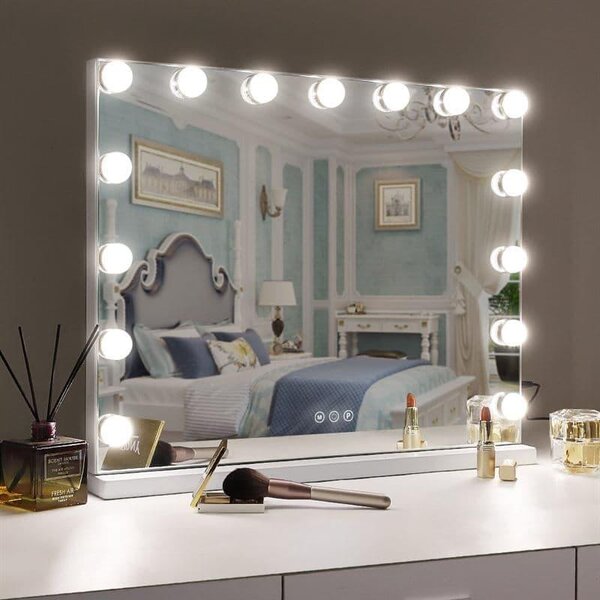 Zrcadlo UNIQ XL Hollywood s 15 LED diodami a dotykovým ovládáním – kosmetické zrcadlo Uniq Vanity s osvětlením, bílé, 58 x 46 cm