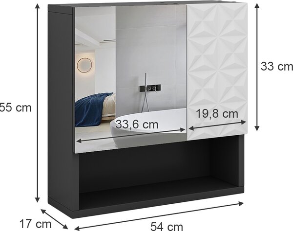 Koupelnová zrcadlová skříňka Vicco Edge Černá 54 x 55 cm s dvířky a otevřenými přihrádkami, Model 40299