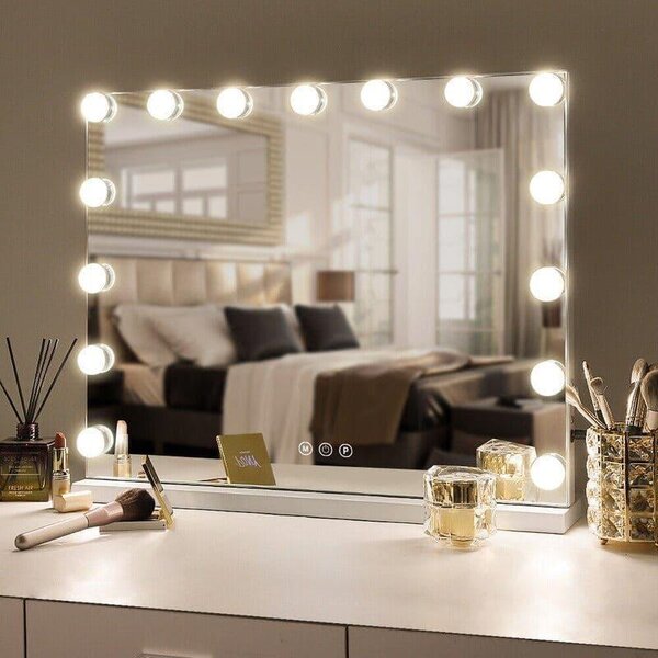 Zrcadlo UNIQ XL Hollywood s 15 LED diodami a dotykovým ovládáním – kosmetické zrcadlo Uniq Vanity s osvětlením, bílé, 58 x 46 cm