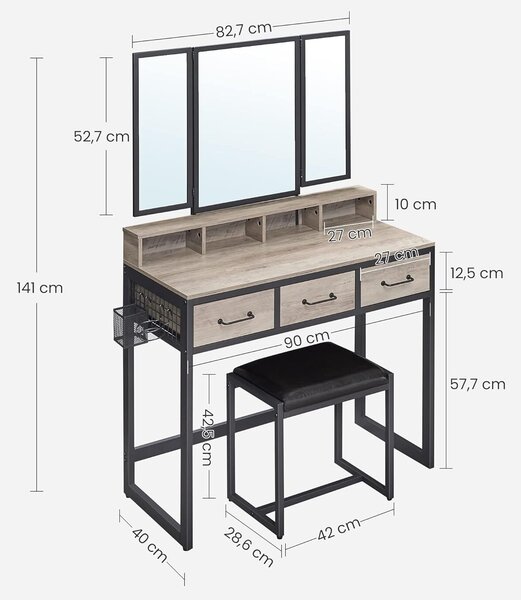 Toaletní stolek VASAGLE s 3dílným skládacím zrcadlem, držákem na fén, kosmetickým stolkem s čalouněnou stoličkou, 3 zásuvkami, průmyslový design, šedá a černá barva