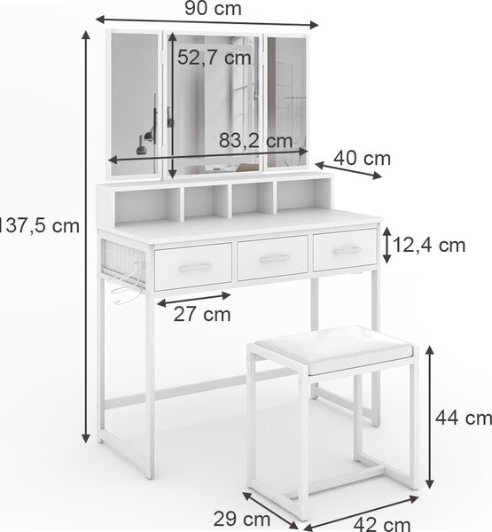 Toaletní stolek Vicco Mavida Bílá 90 cm se zrcadlem LED a stoličkou, Model 53022