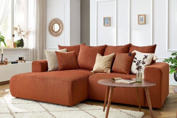 -25 % Dny MOMENTI– Bobochic Paris Terakotově oranžová manšestrová rohová pohovka Enjoy 237 cm, levá