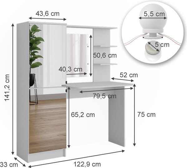 Toaletní stolek Vicco Jasmin Bílá 123 x 141.2 cm s osvětlením LED, Model 51266