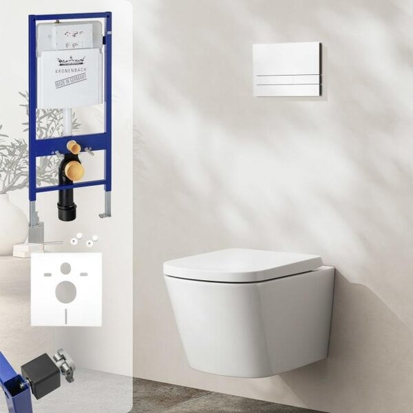 Kronenbach, závěsné WC, kompaktní provedení, bez splachovacího okraje, kompletní sada, design "wrapover"