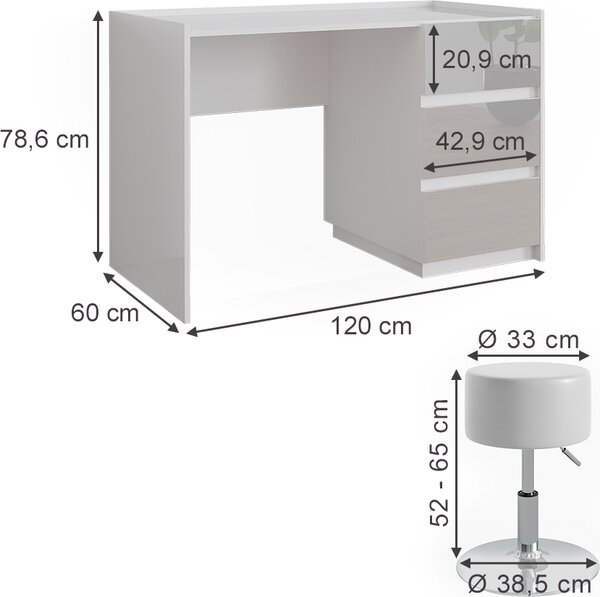 Toaletní stolek Vicco Marla Bílá vysoký lesk 120 cm se stoličkou, Model 51989