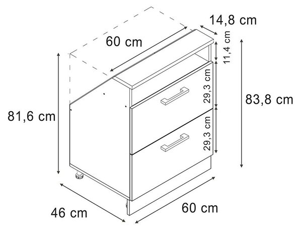 Kuchyňská skříňka pod šikmou střechu Vicco R-Line Černý beton 60 cm se 2 zásuvkami, Model 58229