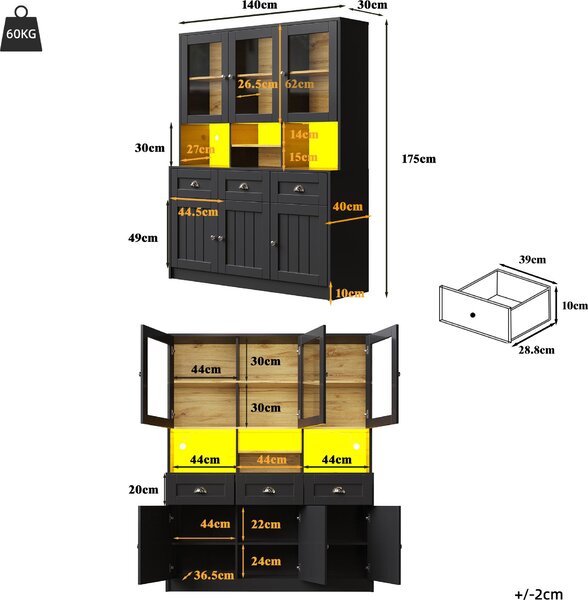 Flieks kuchyňská skříňka vysoká s LED, kuchyňský bufet 140x40x175 cm, vitrína bufetová skříňka s nastavitelnými policemi, černá barva