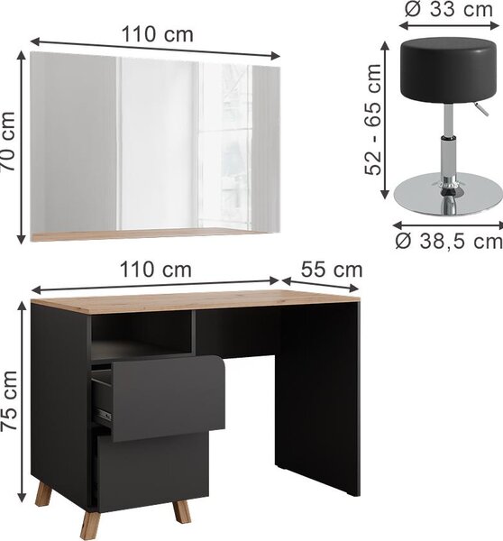 Toaletní stolek Vicco Karen Antracit/Artisan 110 cm se stoličkou, Model 56536