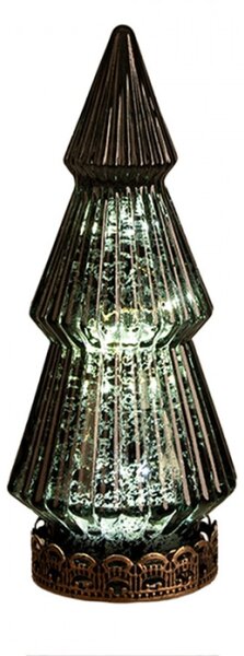 Zelená skleněná vánoční dekorace s LED světlem vánoční stromeček s ozdobným podstavcem Mistique – 13x23 cm