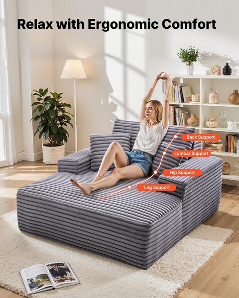 VEVOR chaise longue recliner 124 cm, čalouněná rozkládací pohovka s dekorativními polštáři a područkami, rozkládací pohovka s hlubokým sedákem do obývacího pokoje, ložnice, křeslo z vysoce elastické houby