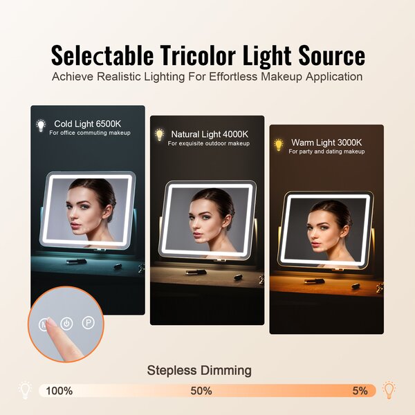 VEVOR Hollywoodské kosmetické zrcátko se 3 režimy barevného osvětlení 55 cmx45 cm USB a chytrým dotykovým ovládáním Otočné o 360°