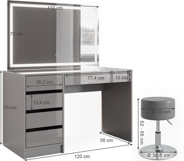 Toaletní stolek Vicco Sherry Šedá 120 cm se zrcadlem LED a stoličkou, Model 38789