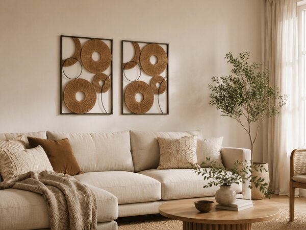 Sada 2 ks nástěnné dekorace CIRCLES kov 48x68 cm, hnědá