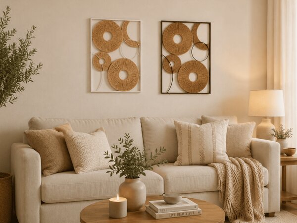 Sada 2 ks nástěnné dekorace CIRCLES kov 48x68 cm, hnědá / bílá