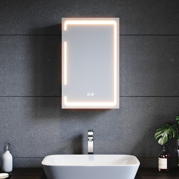 SONNI Kovová zrcadlová skříňka s LED osvětlením 38x60x14 cm,stmívatelný dvoudotykový spínač,1 dvířka,bezdrátová konstrukce závěsů,nástěnná skříňka,koupelnová skříňka
