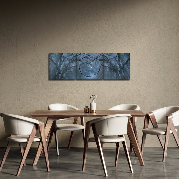 Obraz lesa v mlze (s hodinami) (90x30 cm)
