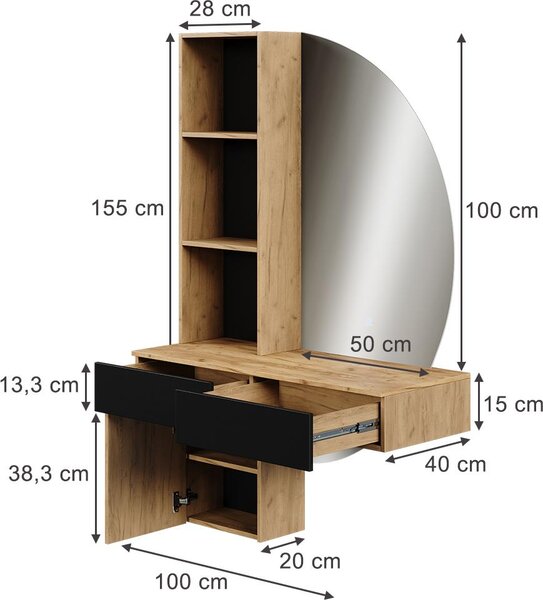 Toaletní stolek Vicco Melora Dub/černá 100 cm se zrcadlem LED, Model 58451