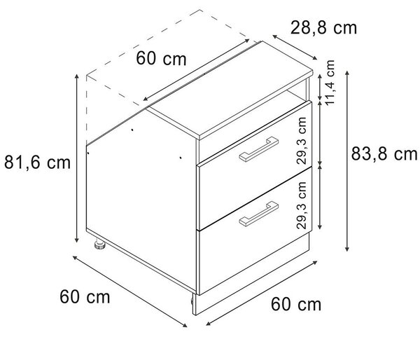 Kuchyňská skříňka pod šikmou střechu Vicco R-Line Černý beton 60 cm se 2 zásuvkami, korpus skříně hloubka 60 cm, Model 60149