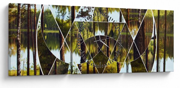Obraz - Geometrická koláž na pozadí severských lesů (s hodinami) (90x30 cm)