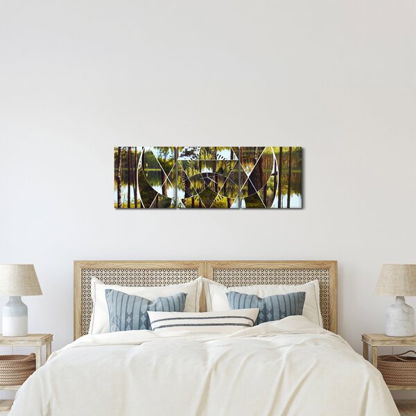 Obraz - Geometrická koláž na pozadí severských lesů (s hodinami) (90x30 cm)