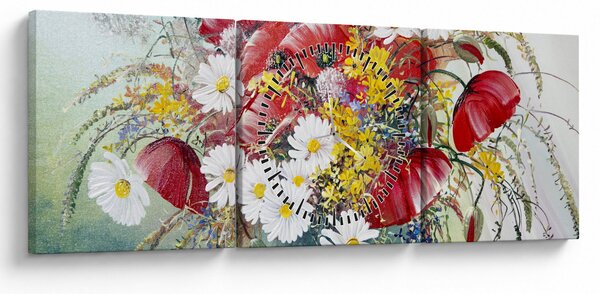 Obraz vázy s divokými květy (s hodinami) (90x30 cm)