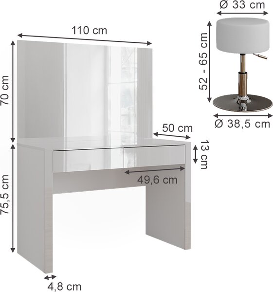 Toaletní stolek Vicco Annabelle Bílá vysoký lesk/bílá 110 cm se zrcadlem a stoličkou, Model 55035