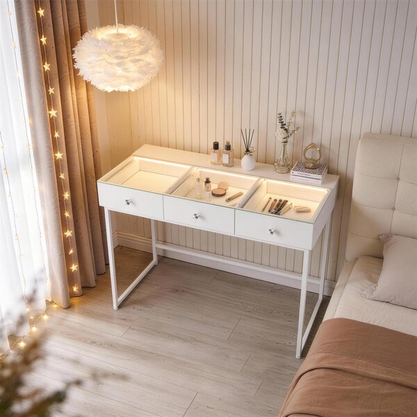 VANITII Kosmetický stolek s LED osvětlením, 3 zásuvkami, bílý, rozměry 115 x 55 x 81 cm
