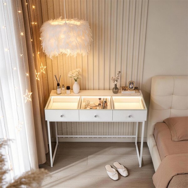 VANITII Kosmetický stolek s LED osvětlením, 3 zásuvkami, bílý, rozměry 115 x 55 x 81 cm