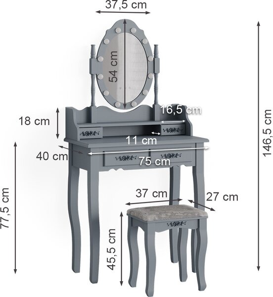 Toaletní stolek Vicco Maggie Šedá 75 cm s LED osvětlením a taburetem, Model 39600