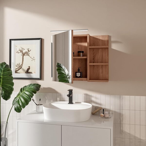 HAJDUK FURNITURE Koupelnová zrcadlová skříňka 60x50 cm dub sonoma LED černé tělo 1 dveře bez úchytek police vlevo